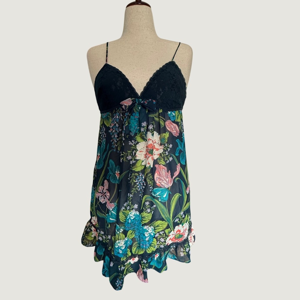 Ambrielle Floral Lace Babydoll Chemise Teal Black Medium Fairycore Coquette NWOT